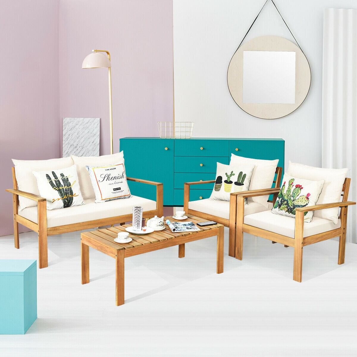 4 Pieces Patio Acacia Wood Thick Cushion Loveseat Sofa Set, White Patio Conversation Sets at Gallery Canada