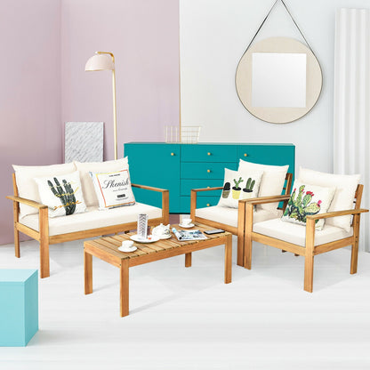 4 Pieces Patio Acacia Wood Thick Cushion Loveseat Sofa Set, White Patio Conversation Sets at Gallery Canada