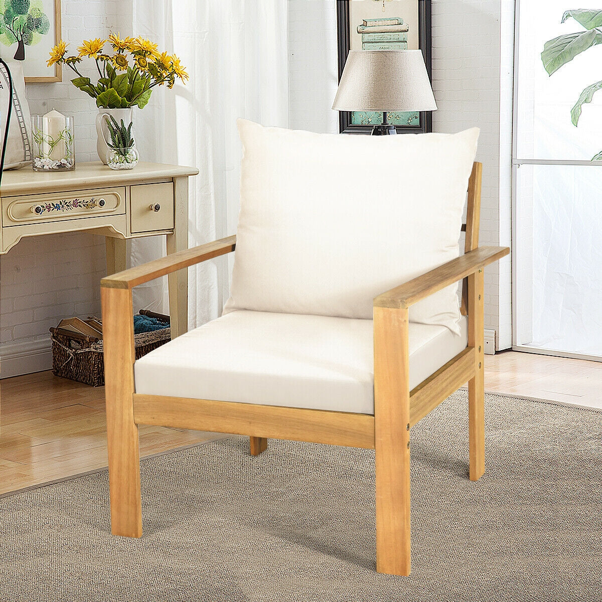 4 Pieces Patio Acacia Wood Thick Cushion Loveseat Sofa Set, White Patio Conversation Sets at Gallery Canada