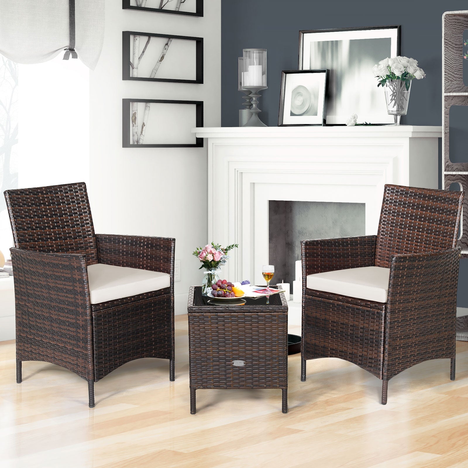 3 Pcs Patio Rattan Furniture Set Cushioned Sofa and Glass Tabletop Deck, White Patio Conversation Sets at Gallery Canada