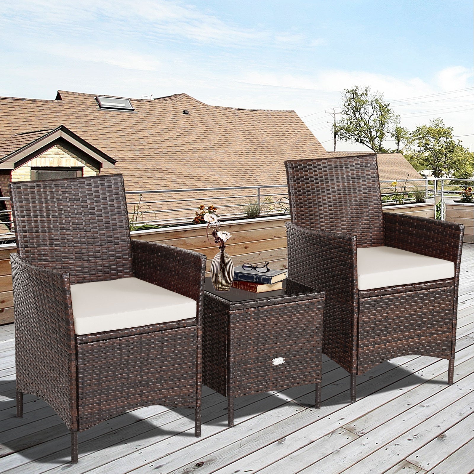 3 Pcs Patio Rattan Furniture Set Cushioned Sofa and Glass Tabletop Deck, White Patio Conversation Sets at Gallery Canada