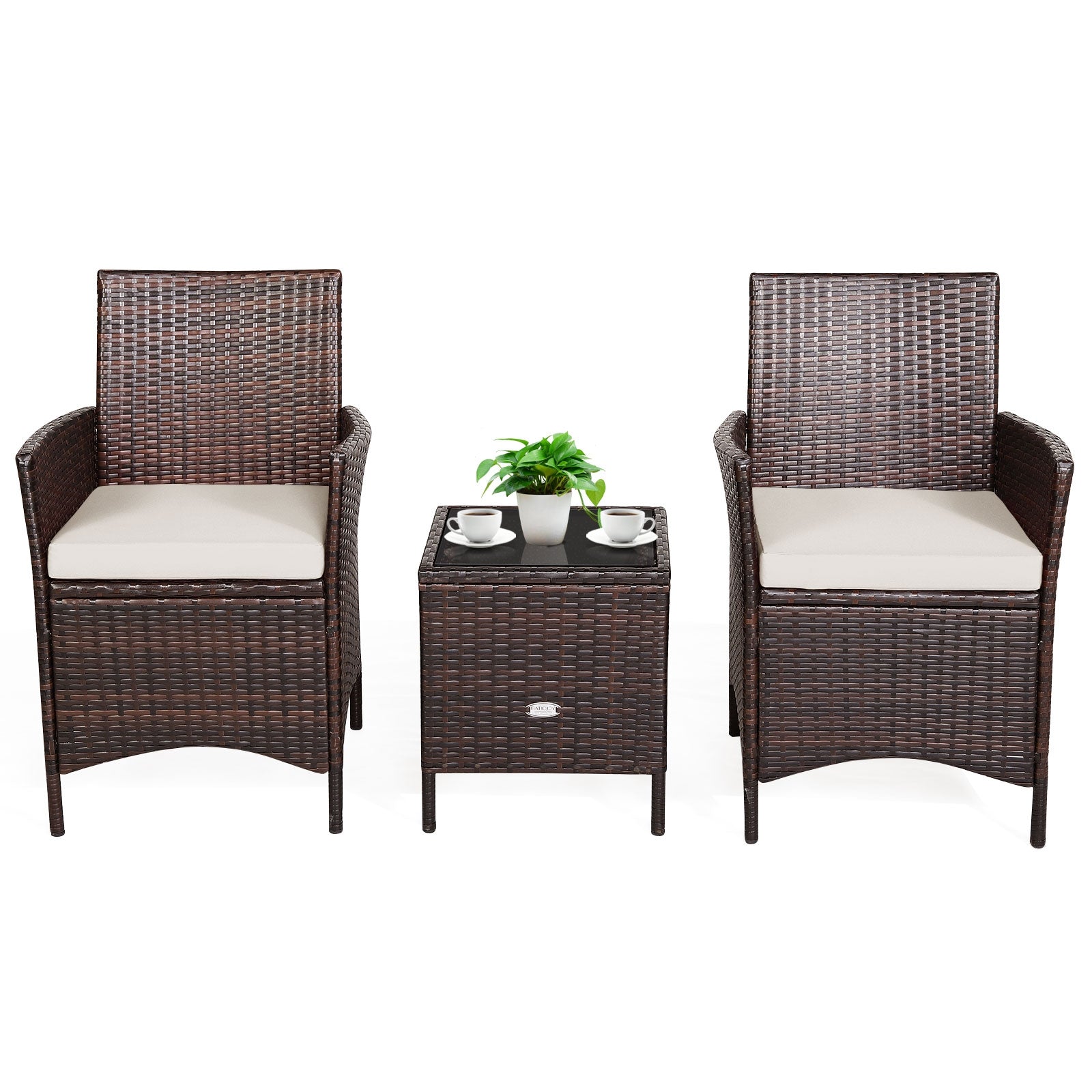 3 Pcs Patio Rattan Furniture Set Cushioned Sofa and Glass Tabletop Deck, White Patio Conversation Sets at Gallery Canada