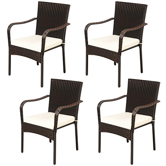 Set of 4 Patio Rattan Stackable Dining Chair with Cushioned Armrest for Garden, Light Brown - Gallery Canada