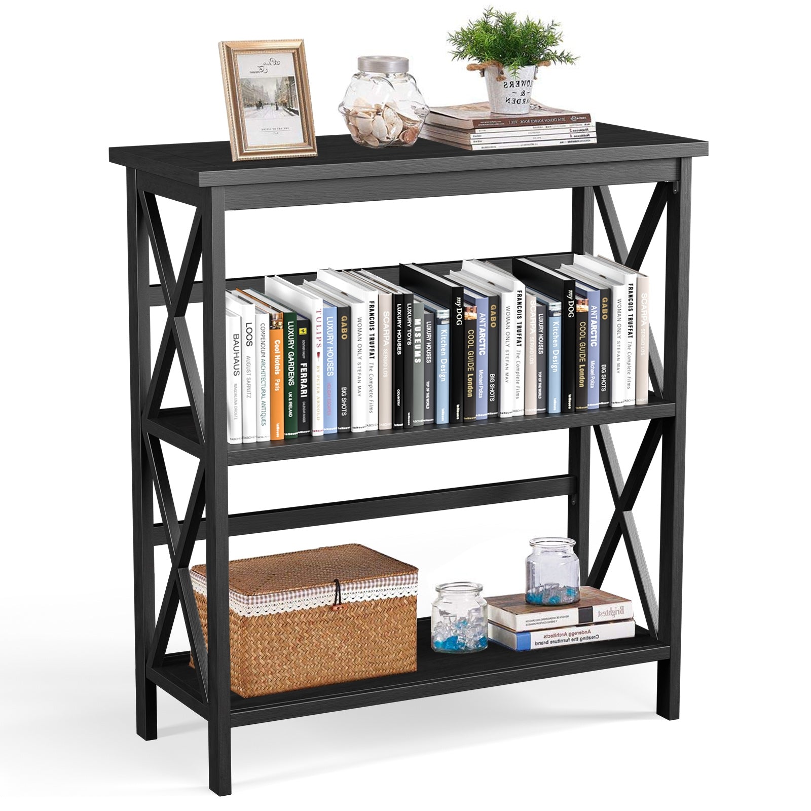 3-Tier Multi-Functional Storage Shelf Units Wooden Open Bookcase and Bookshelf, Black Bookcases at Gallery Canada