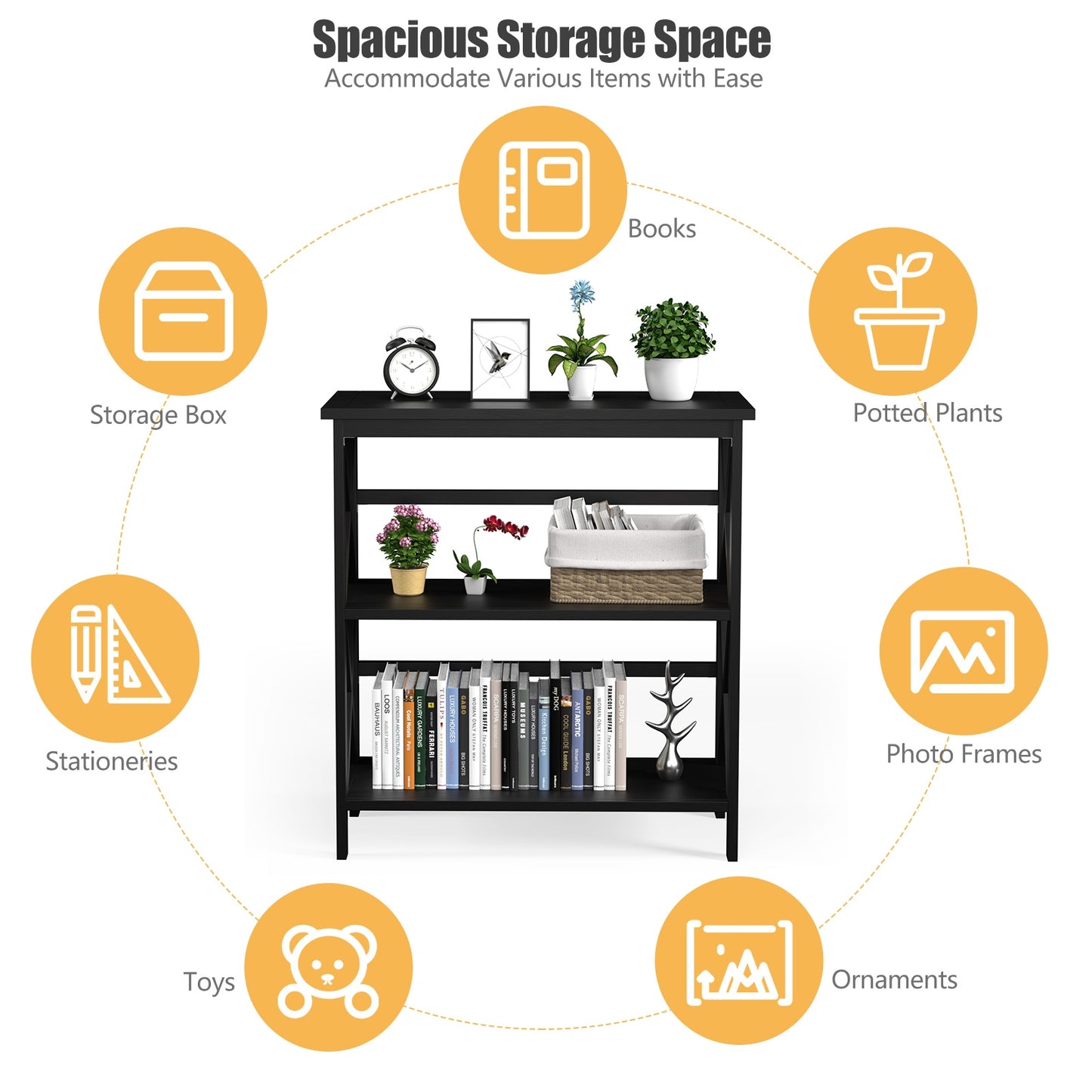 3-Tier Multi-Functional Storage Shelf Units Wooden Open Bookcase and Bookshelf, Black Bookcases at Gallery Canada