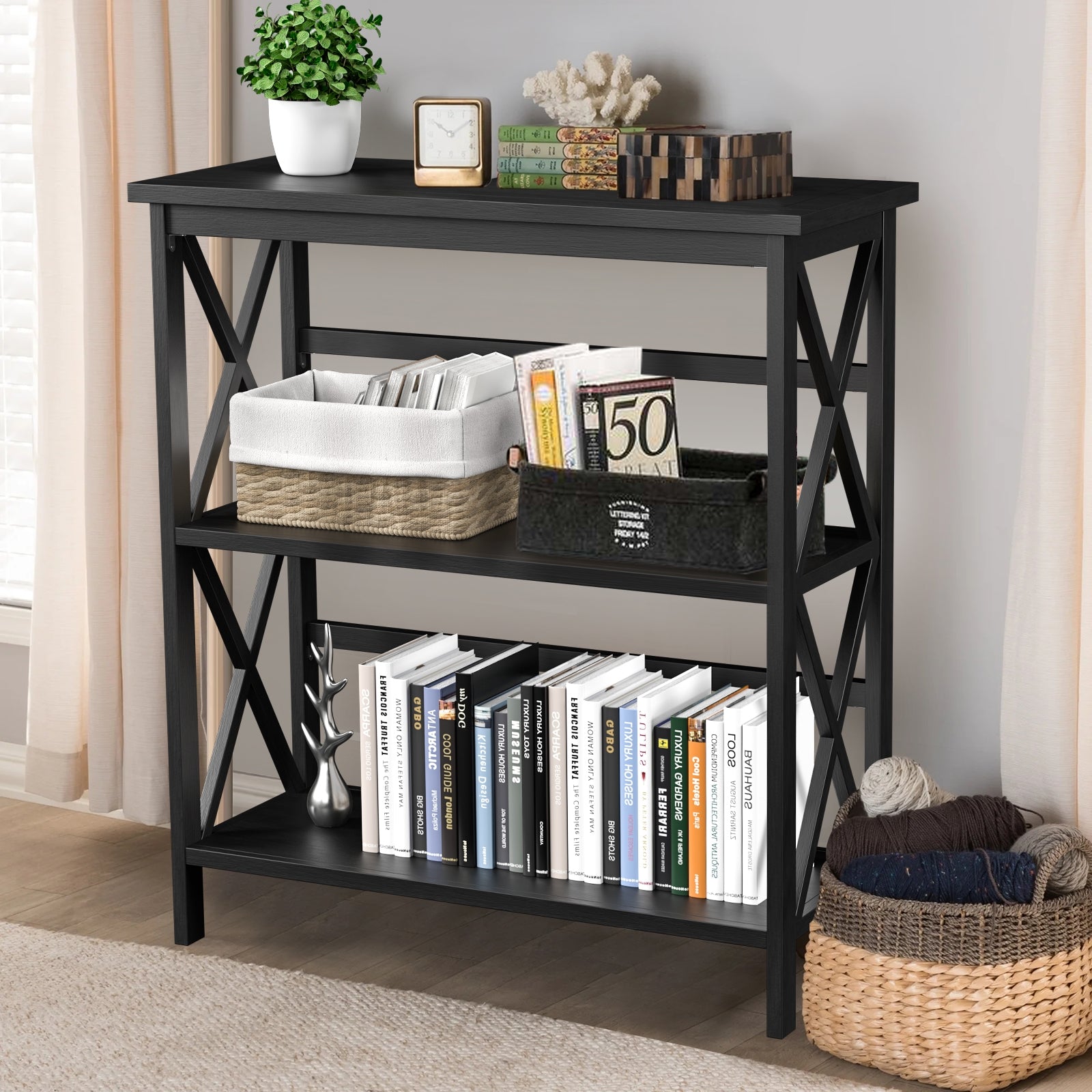 3-Tier Multi-Functional Storage Shelf Units Wooden Open Bookcase and Bookshelf, Black Bookcases at Gallery Canada
