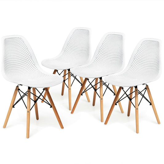 4 Pieces Modern Plastic Hollow Chair Set with Wood Leg, White - Gallery Canada