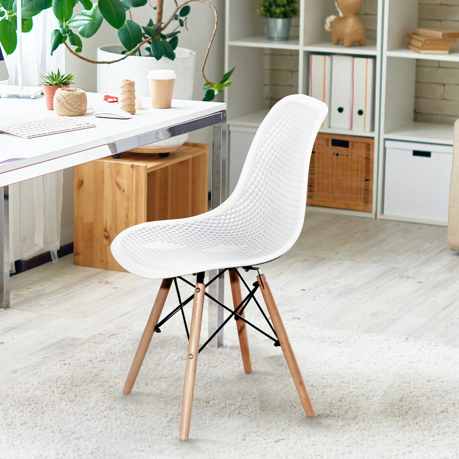 4 Pieces Modern Plastic Hollow Chair Set with Wood Leg, White Dining Chairs at Gallery Canada