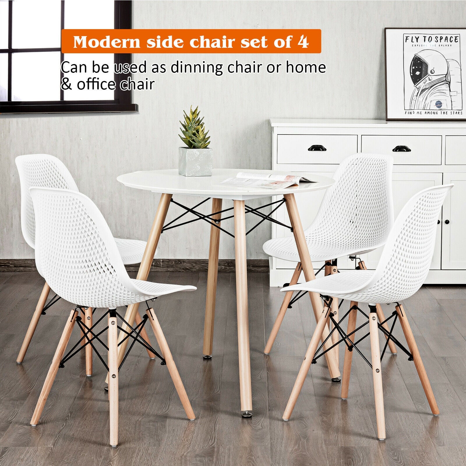 4 Pieces Modern Plastic Hollow Chair Set with Wood Leg, White Dining Chairs at Gallery Canada