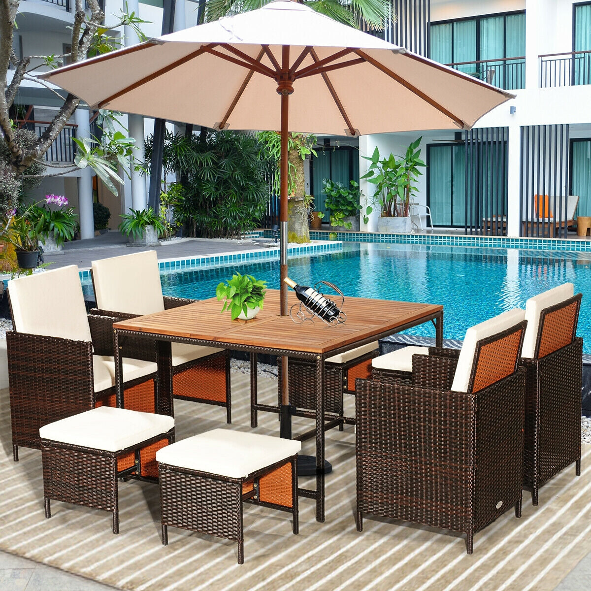 9 Pieces Patio Rattan Dining Cushioned Chairs Set, White Patio Dining Sets at Gallery Canada