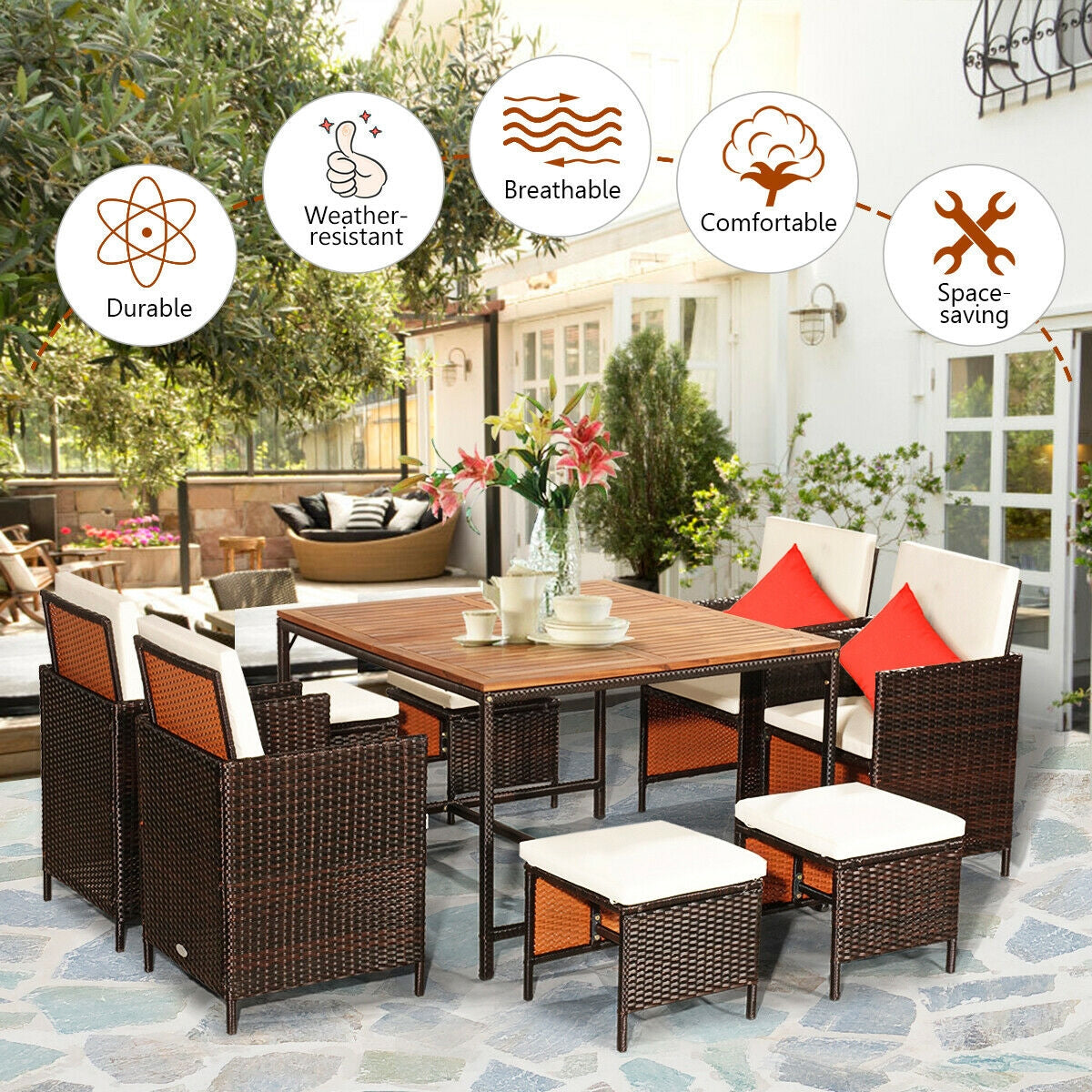 9 Pieces Patio Rattan Dining Cushioned Chairs Set, White Patio Dining Sets at Gallery Canada
