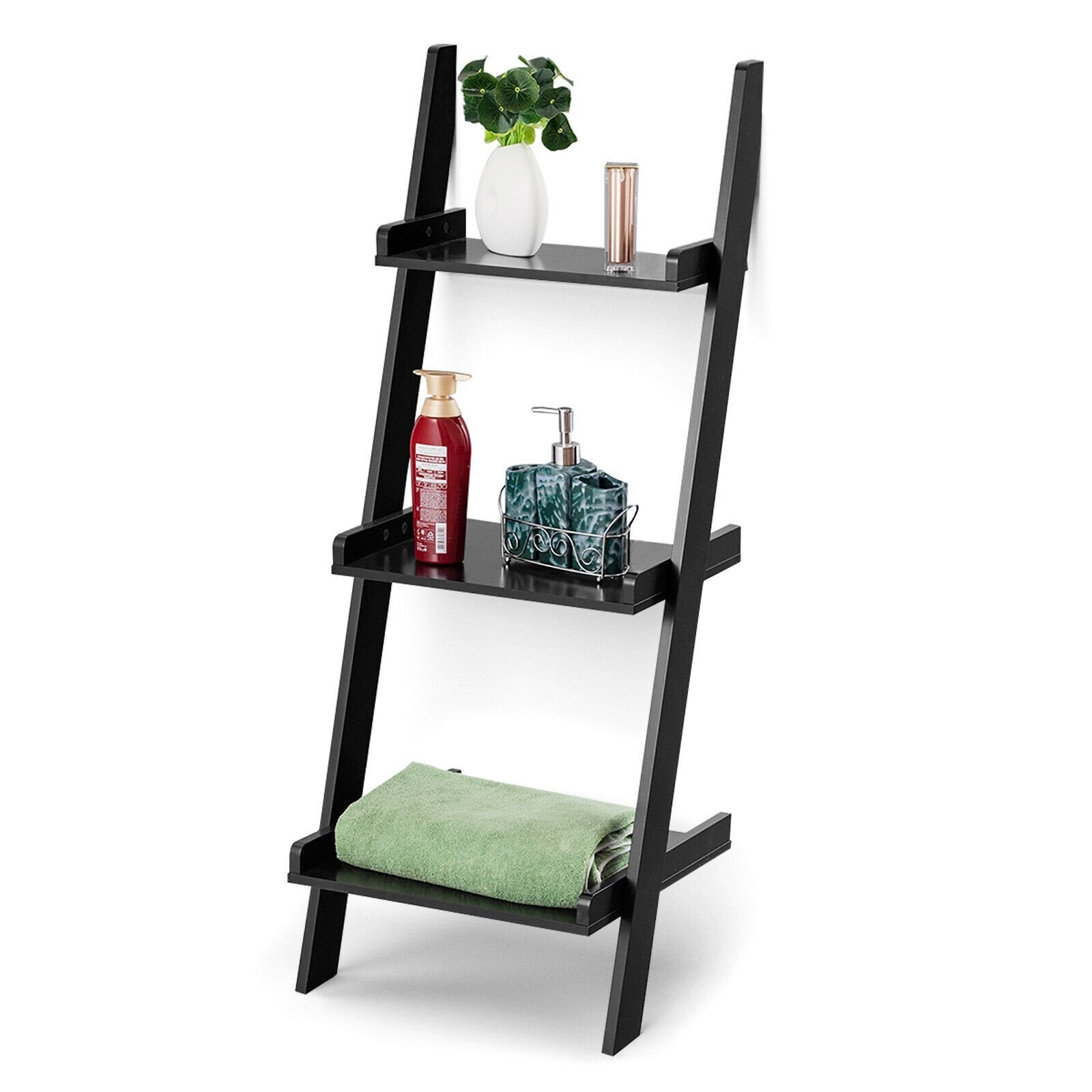 3 Tier Leaning Rack Wall Book Shelf Ladder, Black - Gallery Canada