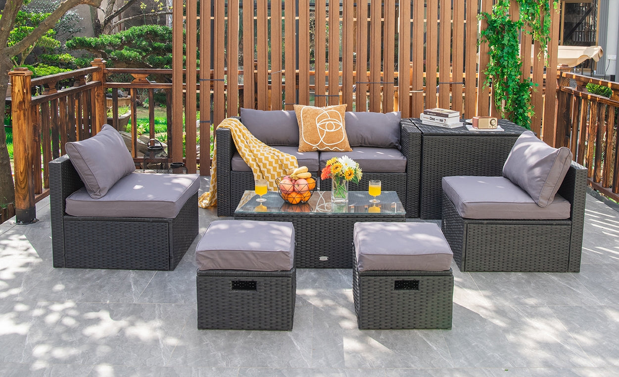 8 Pieces Patio Rattan Storage Table Furniture Set, Gray Outdoor Sectionals at Gallery Canada
