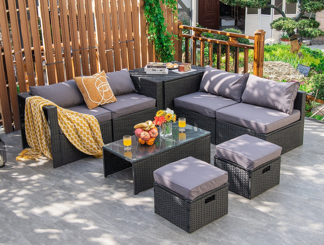 8 Pieces Patio Rattan Storage Table Furniture Set, Gray Outdoor Sectionals at Gallery Canada