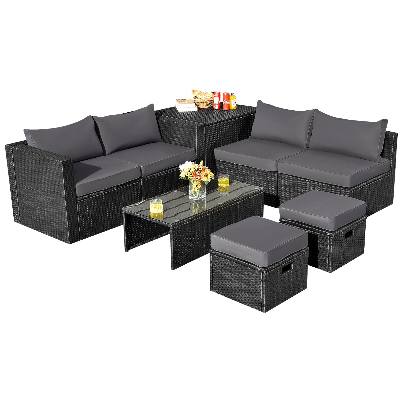 8 Pieces Patio Rattan Storage Table Furniture Set, Gray Outdoor Sectionals at Gallery Canada