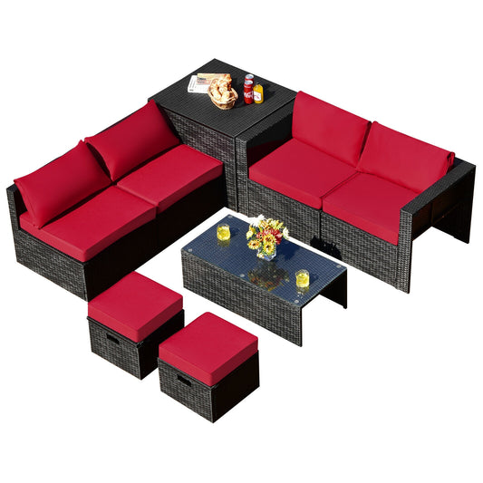 8-Piece Patio Rattan Storage Table Set, Red Outdoor Sectionals Red at Gallery Canada