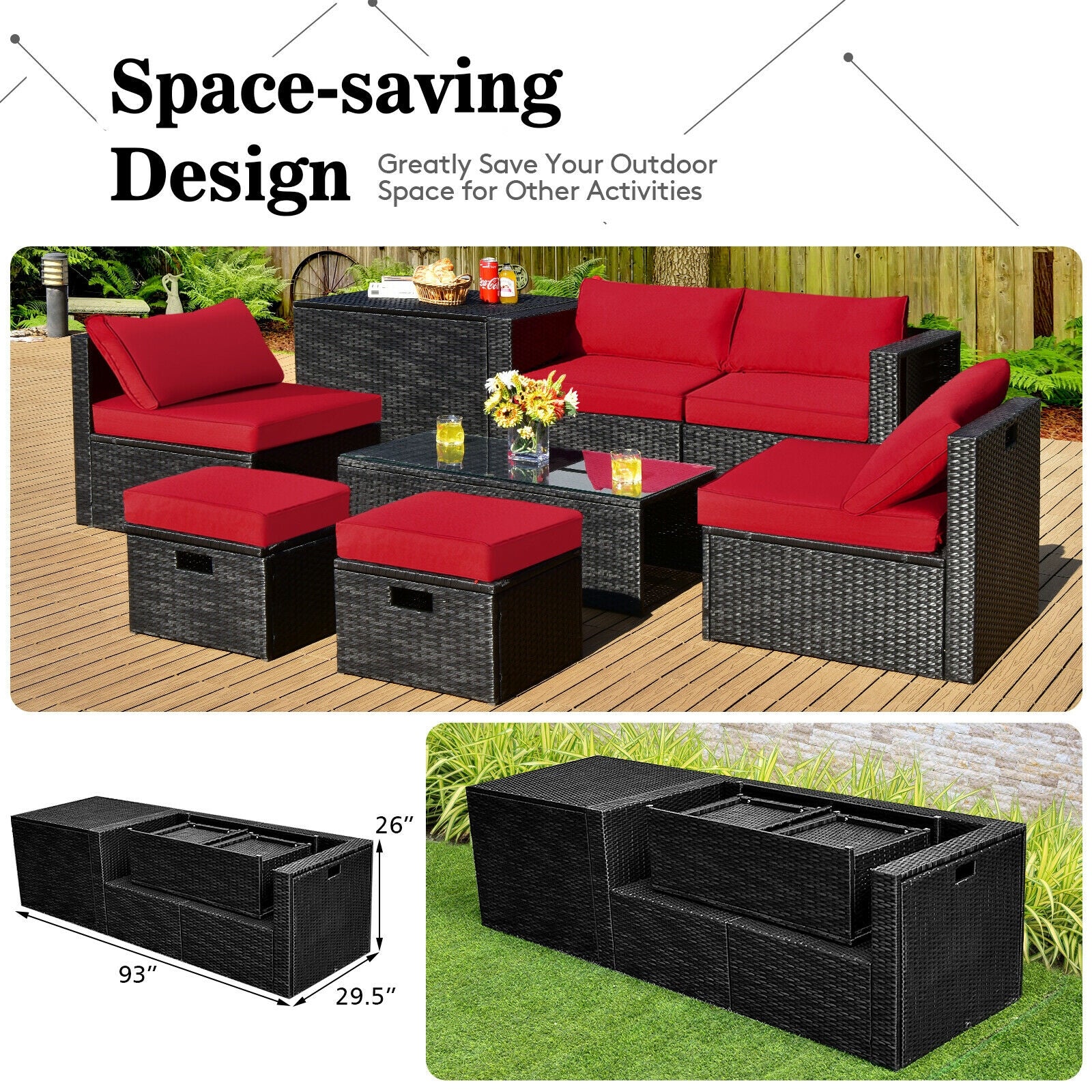 8 Pieces Patio Rattan Storage Table Furniture Set, Red Outdoor Sectionals at Gallery Canada