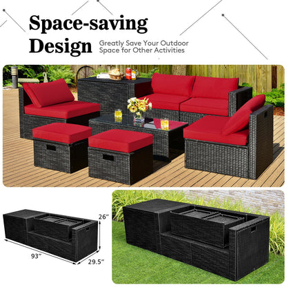8 Pieces Patio Rattan Storage Table Furniture Set, Red Outdoor Sectionals at Gallery Canada