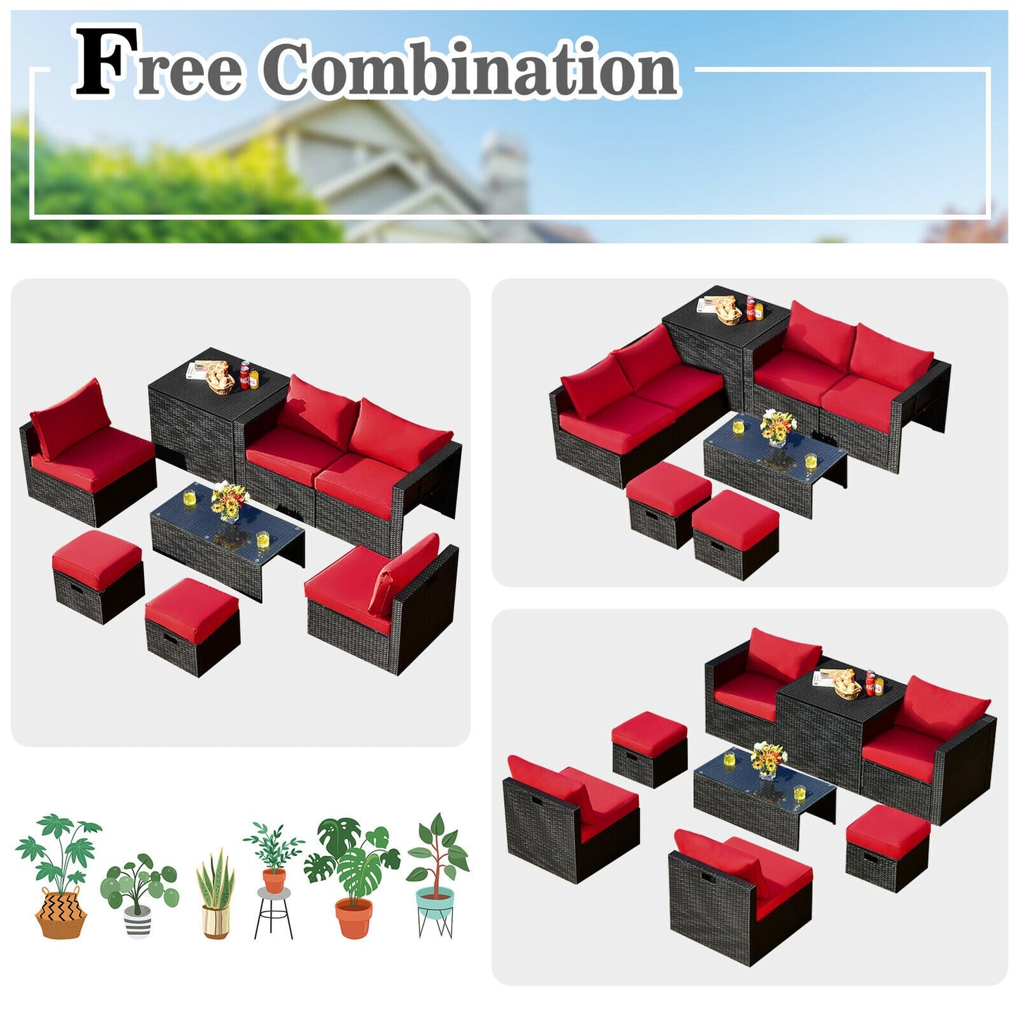 8 Pieces Patio Rattan Storage Table Furniture Set, Red Outdoor Sectionals at Gallery Canada