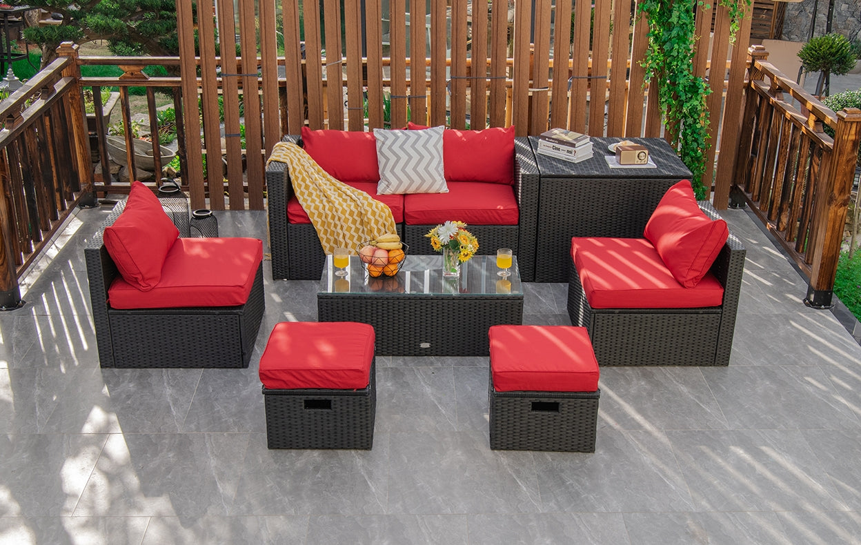 8 Pieces Patio Rattan Storage Table Furniture Set, Red Outdoor Sectionals at Gallery Canada