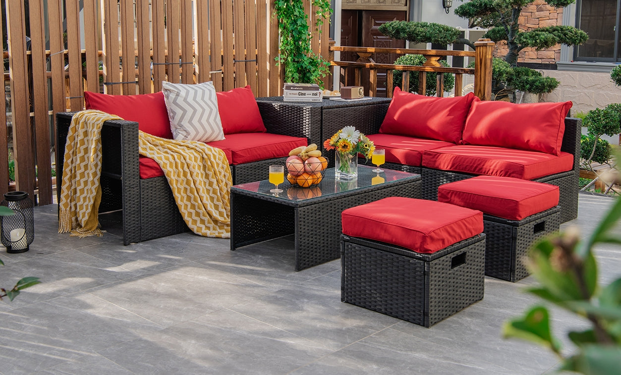 8 Pieces Patio Rattan Storage Table Furniture Set, Red Outdoor Sectionals at Gallery Canada