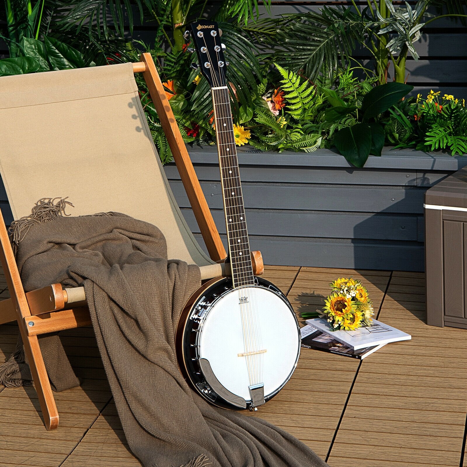 39 Inch Sonart Full Size 6 string 24 Bracket Professional Banjo Instrument with Open Back, Black at Gallery Canada