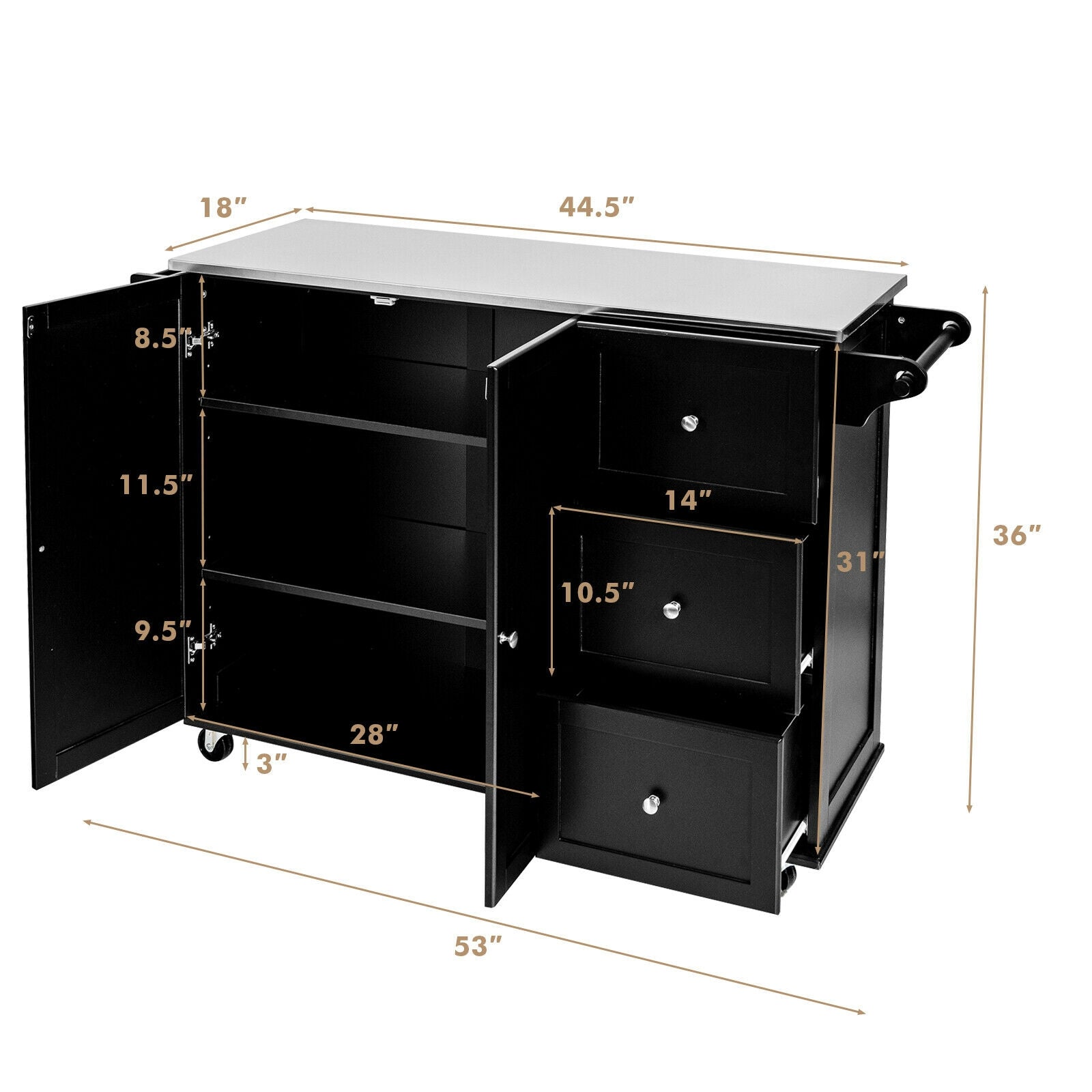 Kitchen Island 2-Door Storage Cabinet with Stainless Steel Top and Drawers, Black Sideboards Cabinets & Buffets at Gallery Canada