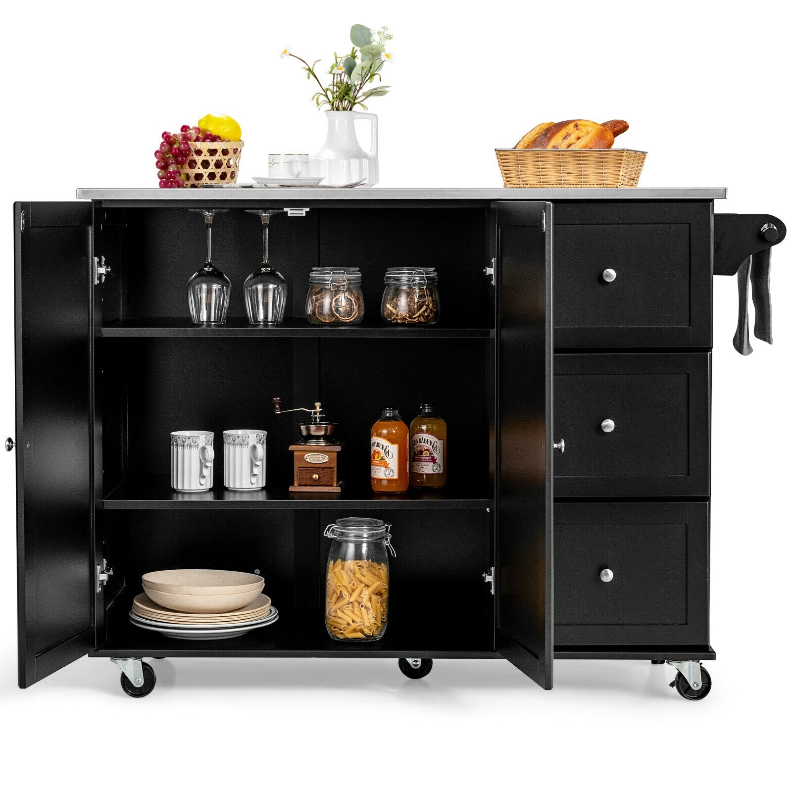 Kitchen Island 2-Door Storage Cabinet with Stainless Steel Top and Drawers, Black Sideboards Cabinets & Buffets at Gallery Canada
