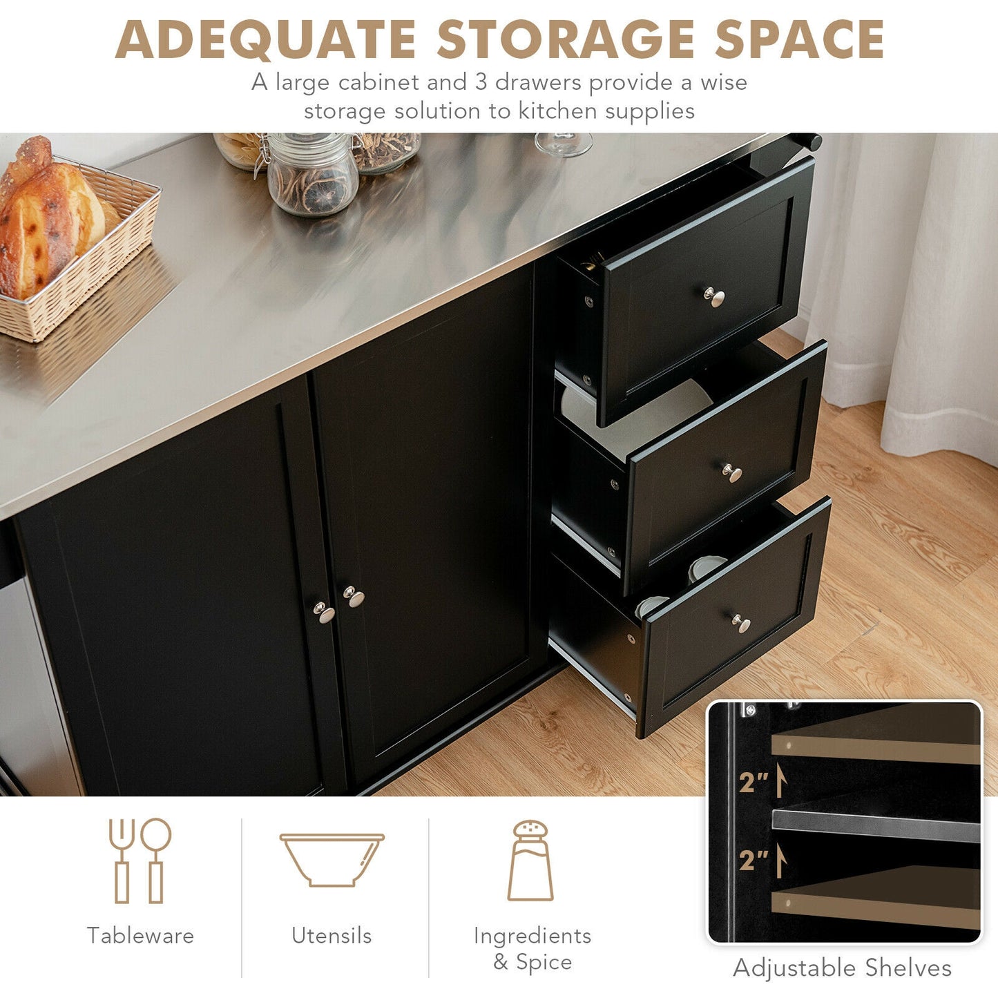 Kitchen Island 2-Door Storage Cabinet with Stainless Steel Top and Drawers, Black Sideboards Cabinets & Buffets at Gallery Canada