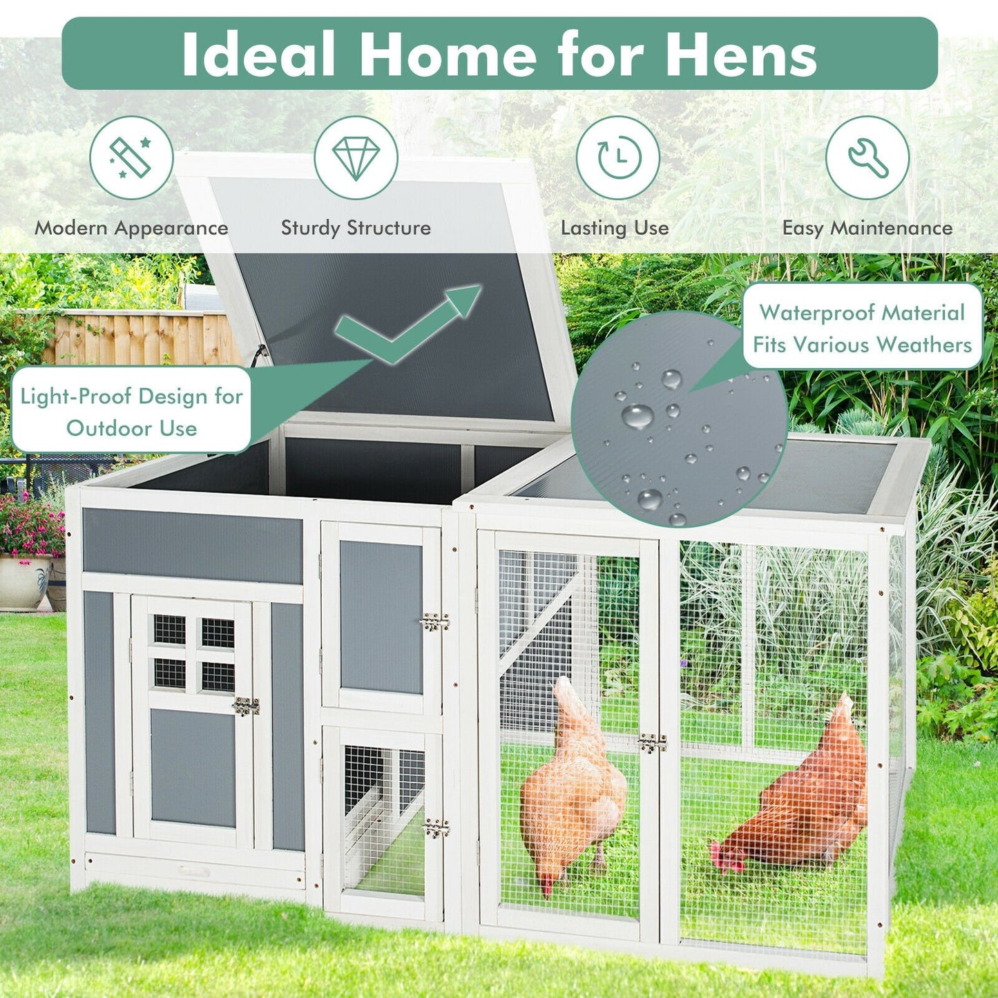 63 Inch Large Wooden Chicken Coop with Run Box and PC Roof, White at Gallery Canada