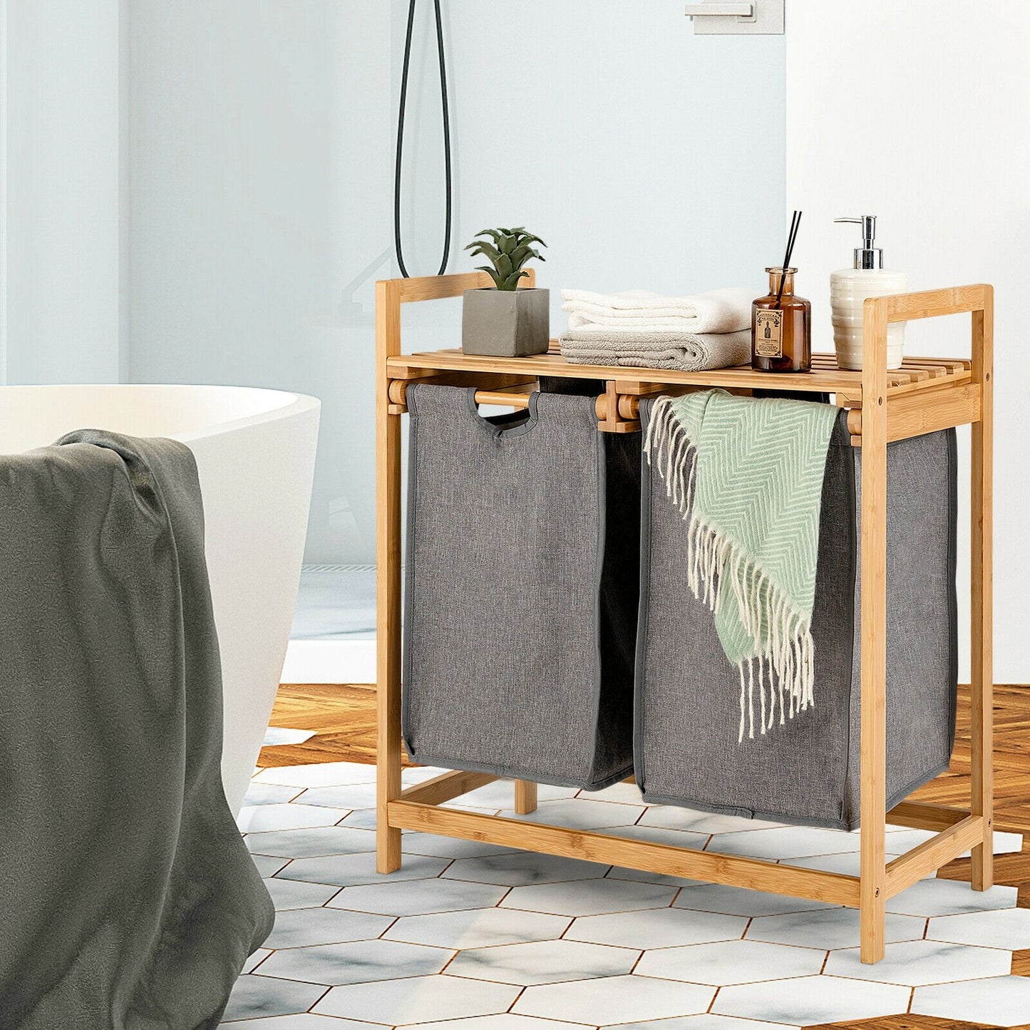Bamboo Laundry Hamper with Dual Compartments Laundry Sorter and Sliding Bags, Natural at Gallery Canada