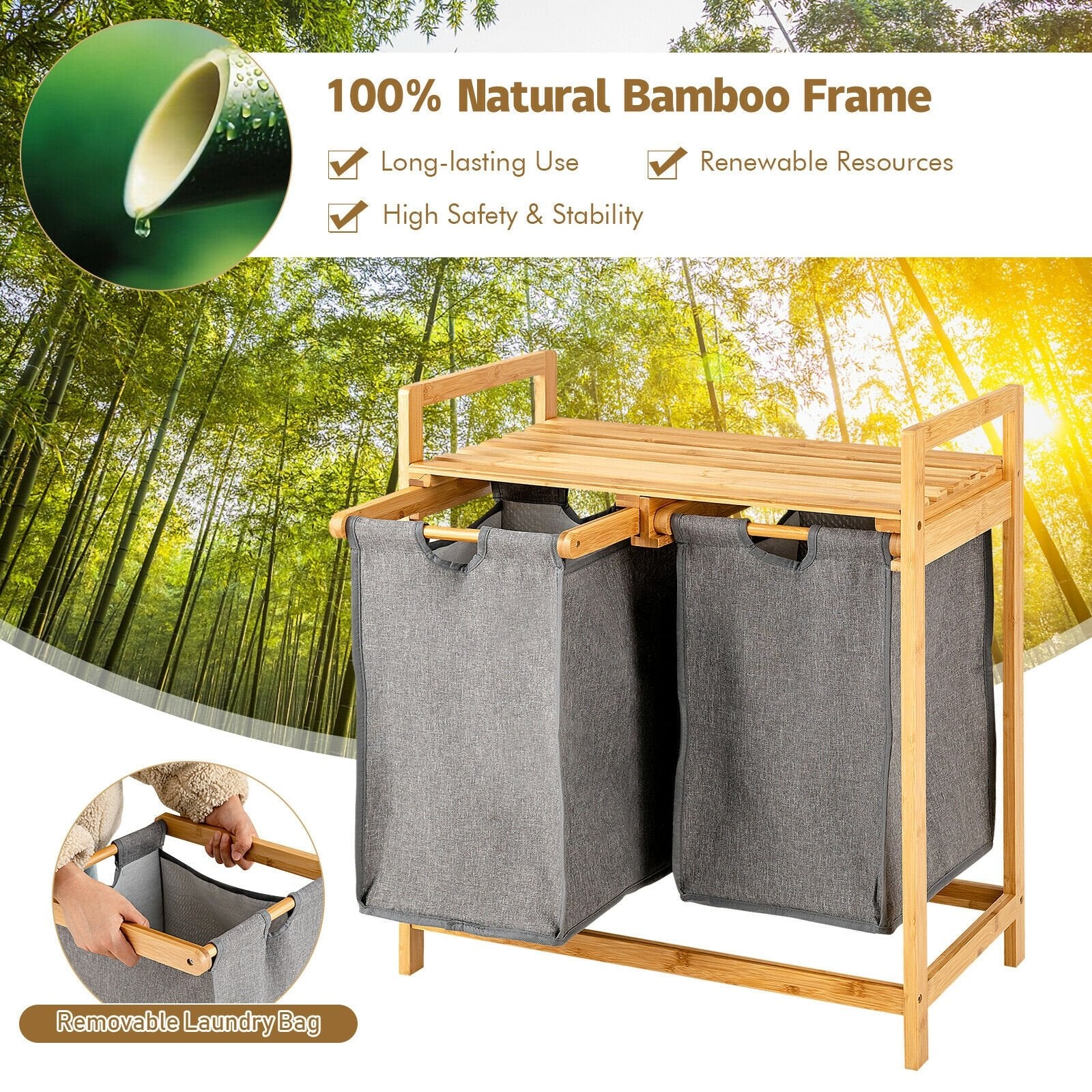 Bamboo Laundry Hamper with Dual Compartments Laundry Sorter and Sliding Bags, Natural at Gallery Canada