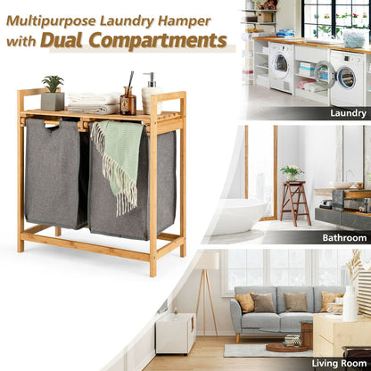 Bamboo Laundry Hamper with Dual Compartments Laundry Sorter and Sliding Bags, Natural - Gallery Canada