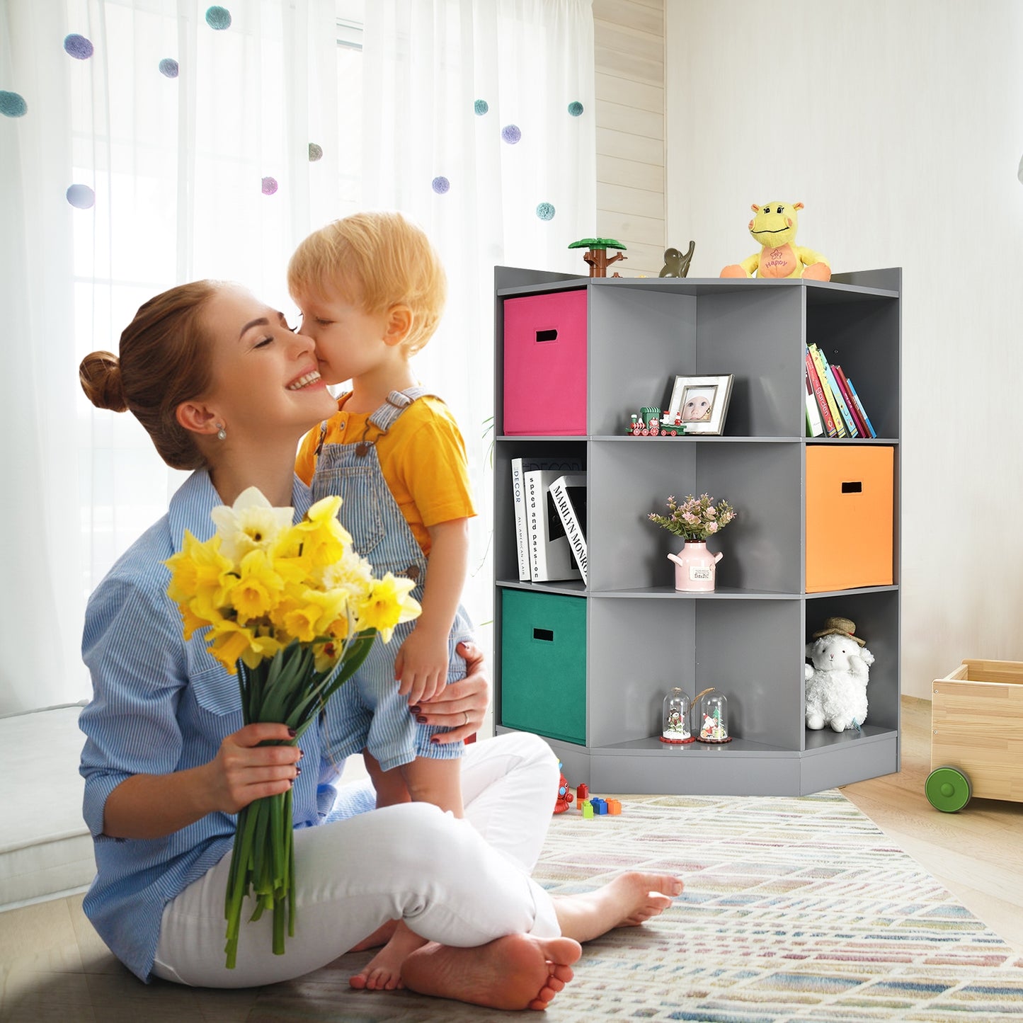 3-Tier Kids Storage Shelf Corner Cabinet with 3 Baskets, Gray Kids Storage at Gallery Canada