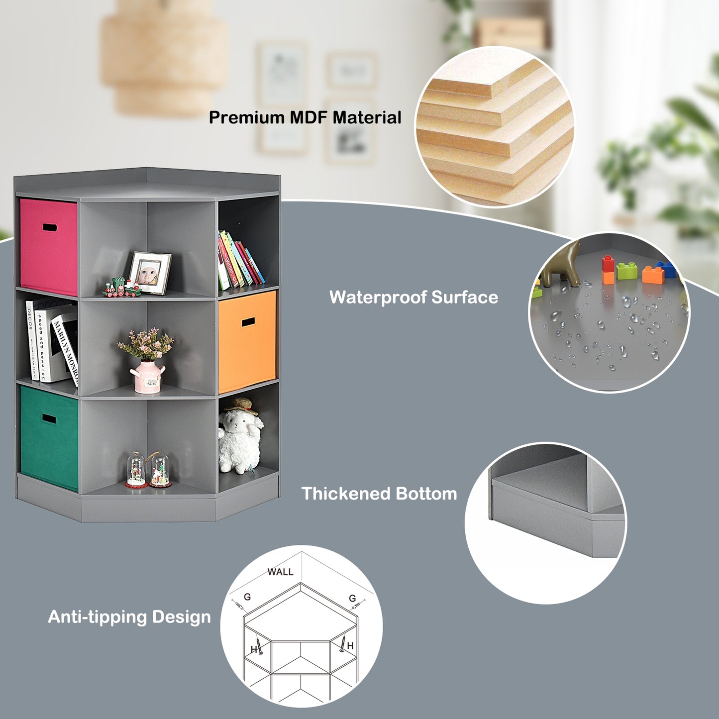 3-Tier Kids Storage Shelf Corner Cabinet with 3 Baskets, Gray Kids Storage at Gallery Canada