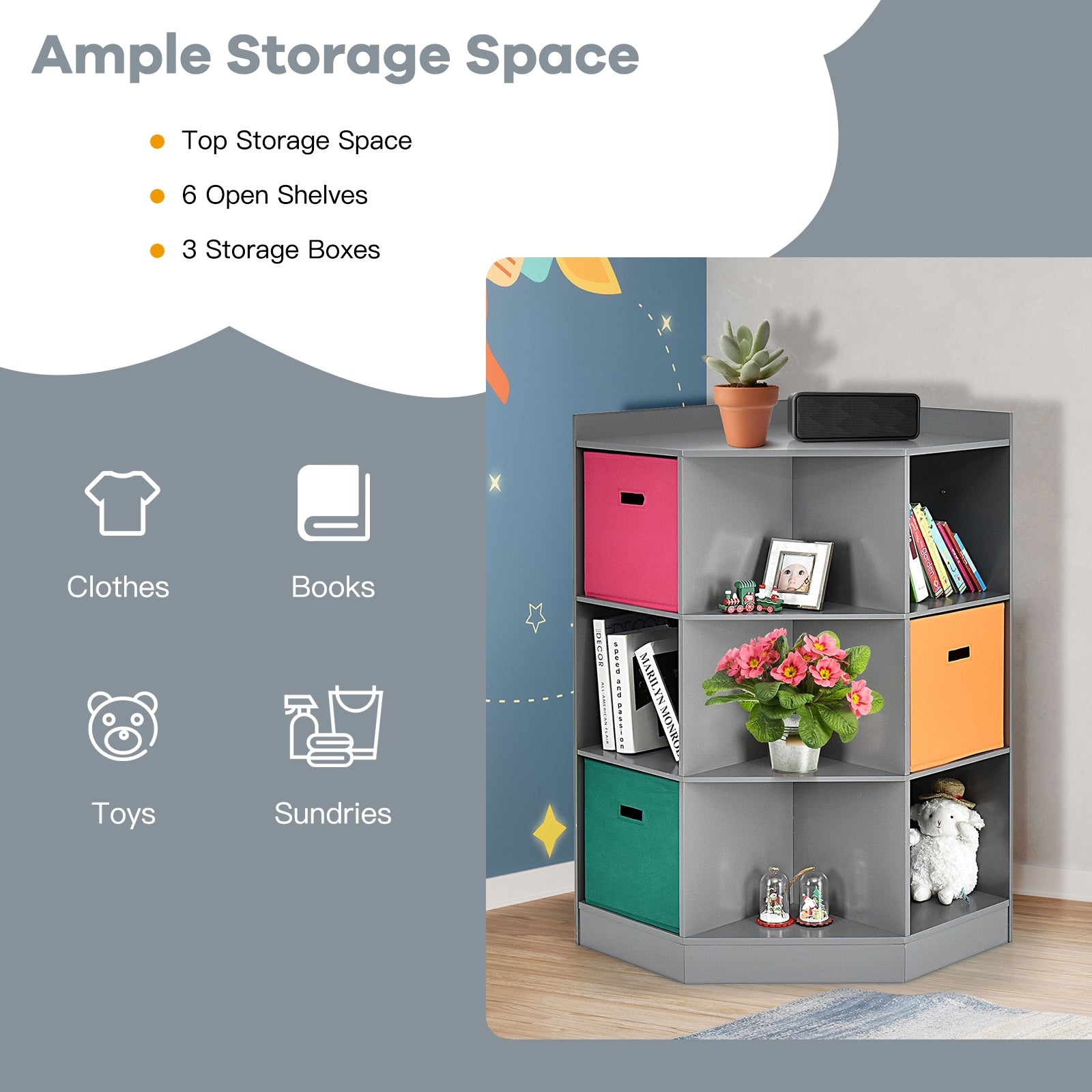 3-Tier Kids Storage Shelf Corner Cabinet with 3 Baskets, Gray Kids Storage at Gallery Canada