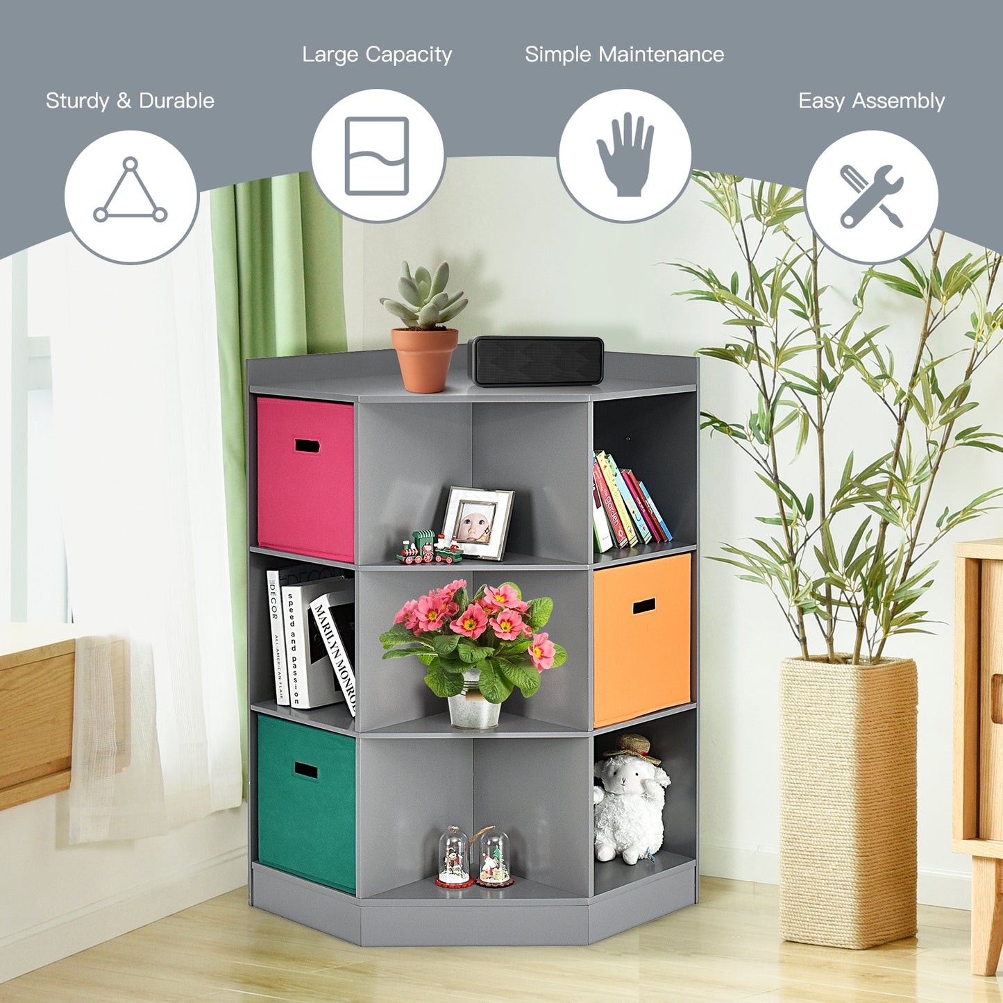 3-Tier Kids Storage Shelf Corner Cabinet with 3 Baskets, Gray Kids Storage at Gallery Canada