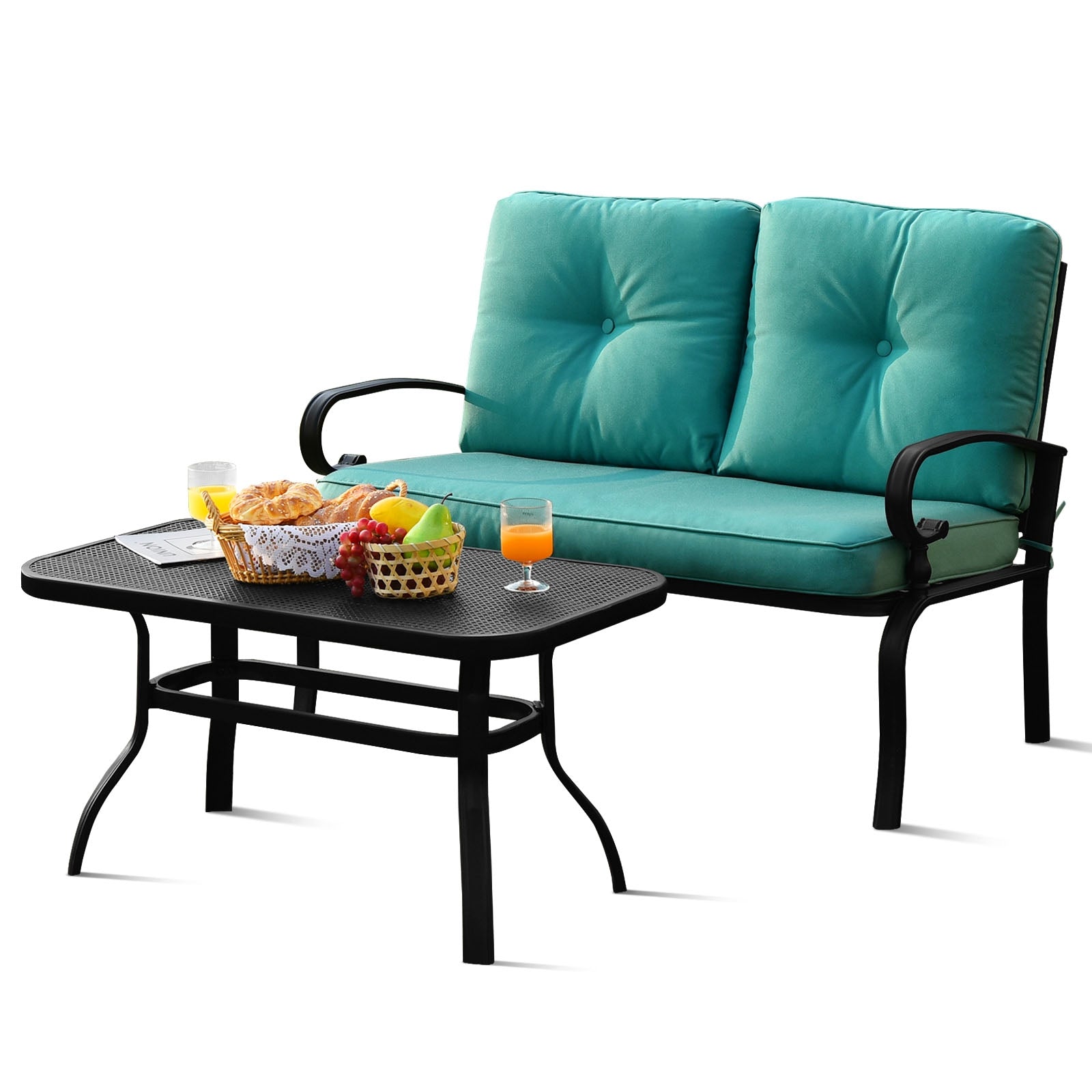 2PCS Patio Loveseat Bench Table Furniture Set with Cushioned Chair, Turquoise Patio Conversation Sets at Gallery Canada