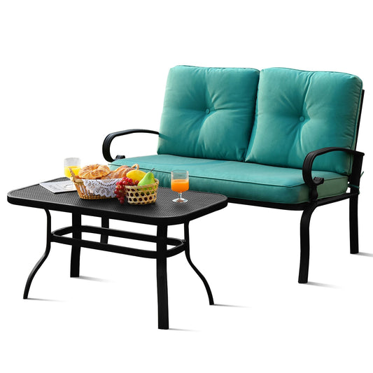 2PCS Patio Loveseat Bench Table Set, Cushioned Chair, Turquoise Patio Conversation Sets Turquoise at Gallery Canada