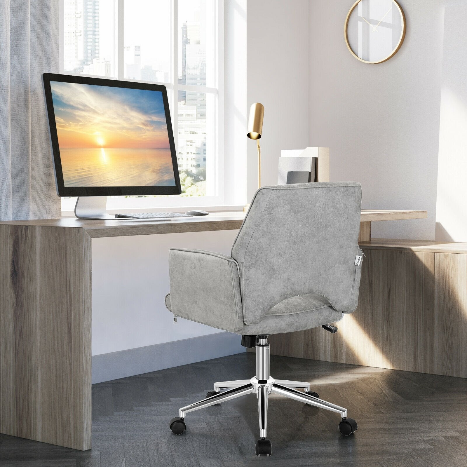 Adjustable Hollow Mid Back Leisure Office Chair with Armrest, Gray - Gallery Canada