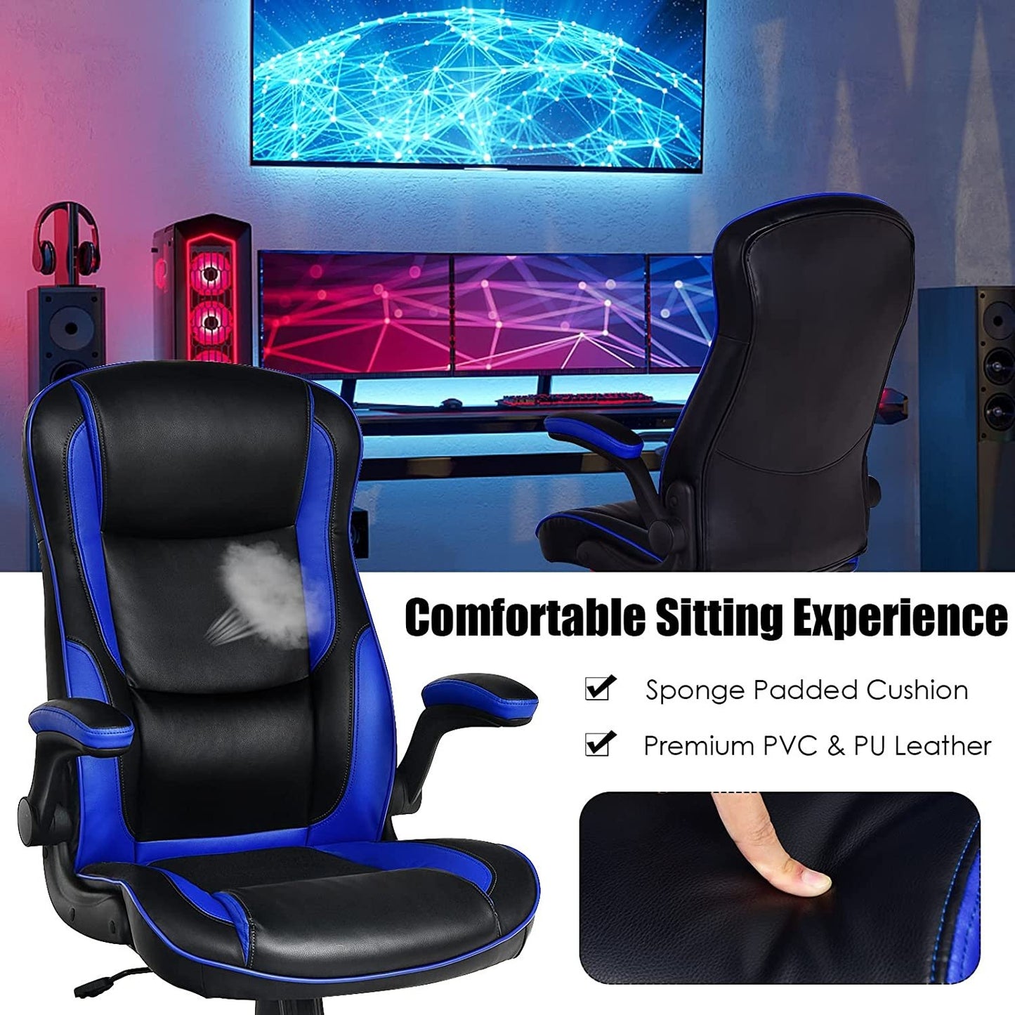 Racing Style Office Chair with PVC and PU Leather Seat, Blue - Gallery Canada