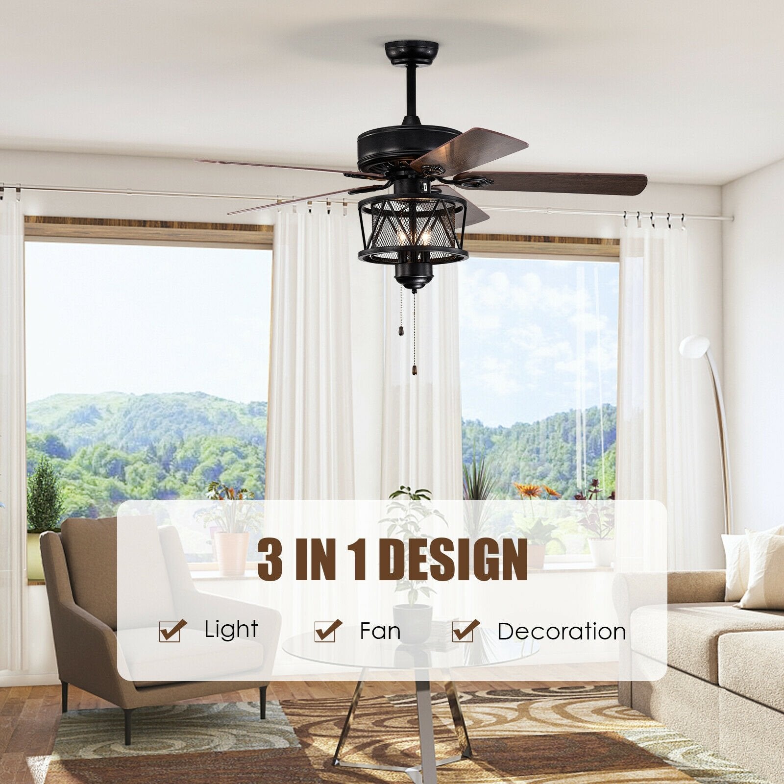 50 Inches Ceiling Fan with Lights Reversible Blades and Pull Chain Control, Black at Gallery Canada