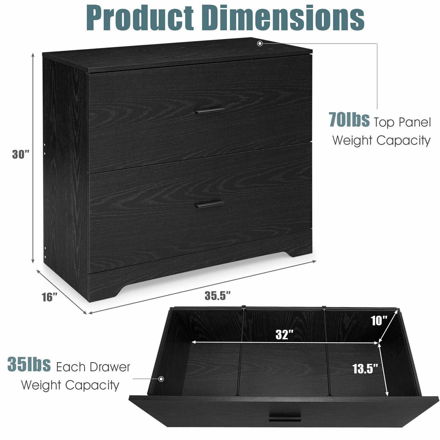 2-Drawer Lateral File Cabinet with Adjustable Bars for Home and Office, Black File Cabinets at Gallery Canada