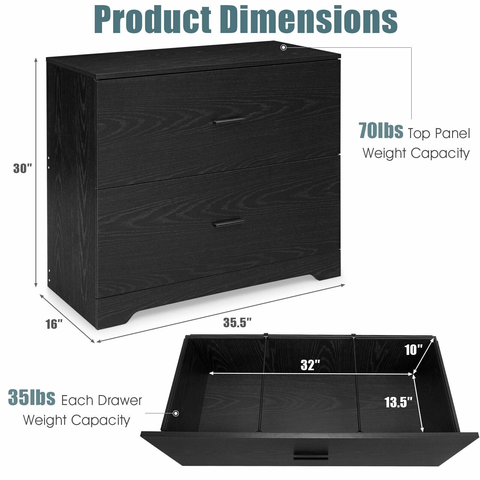 2-Drawer Lateral File Cabinet with Adjustable Bars for Home and Office, Black File Cabinets at Gallery Canada