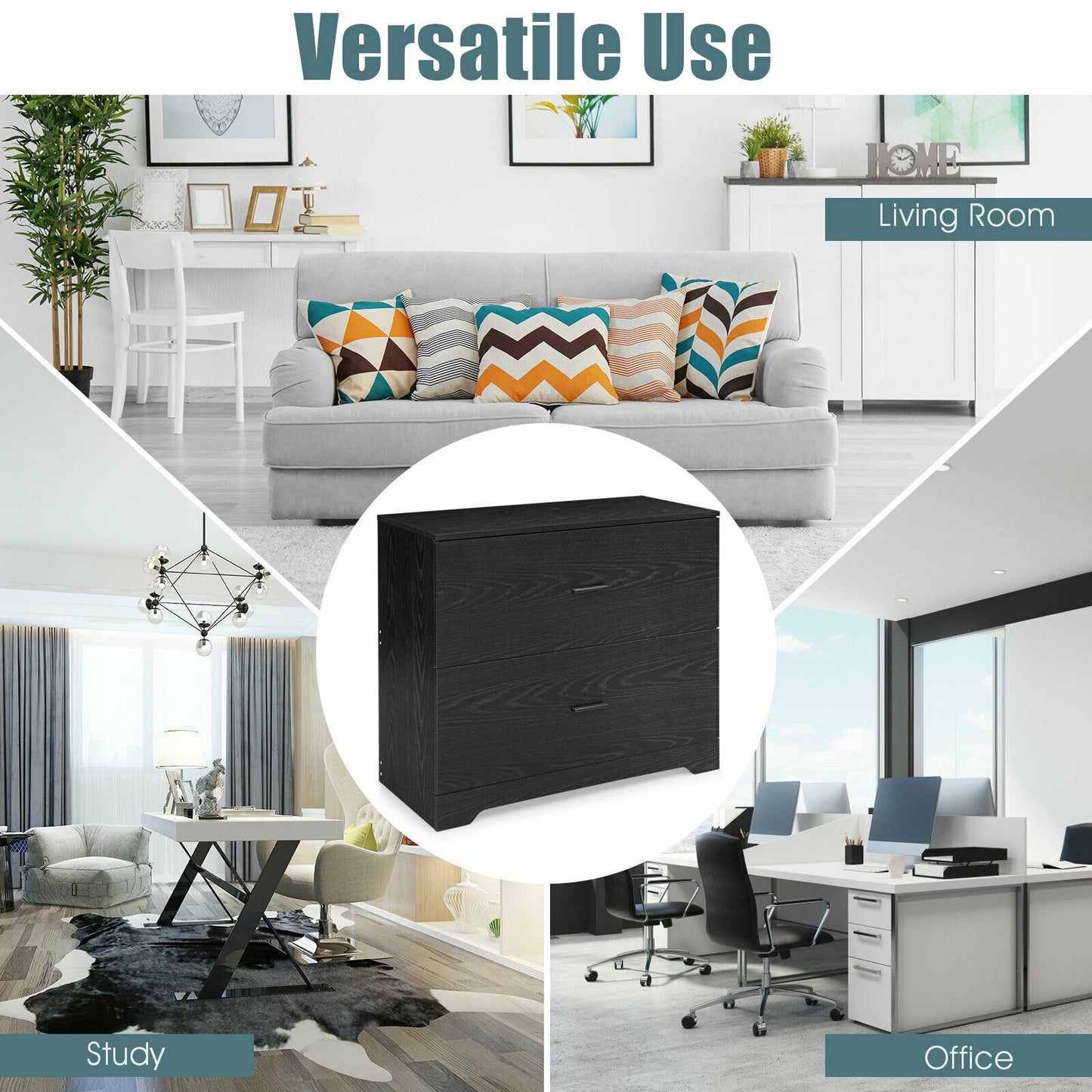 2-Drawer Lateral File Cabinet with Adjustable Bars for Home and Office, Black File Cabinets at Gallery Canada