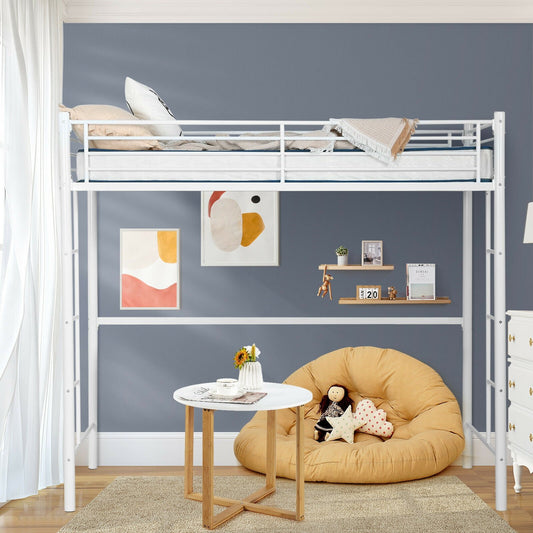 Twin Loft Bed Frame with 2 Ladders Full-length Guardrail , White - Gallery Canada