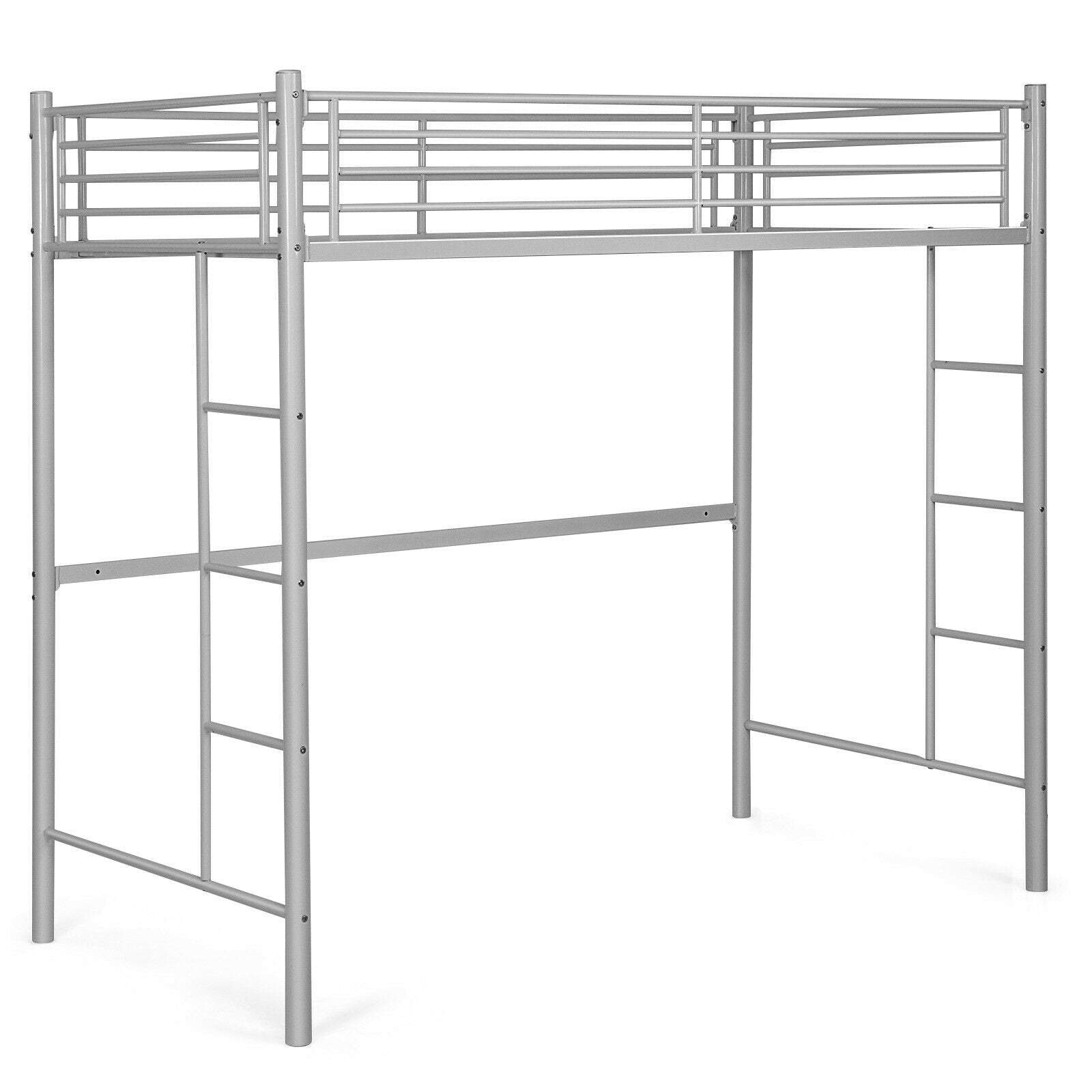 Twin Loft Bed Frame with 2 Ladders Full-length Guardrail, Silver - Gallery Canada