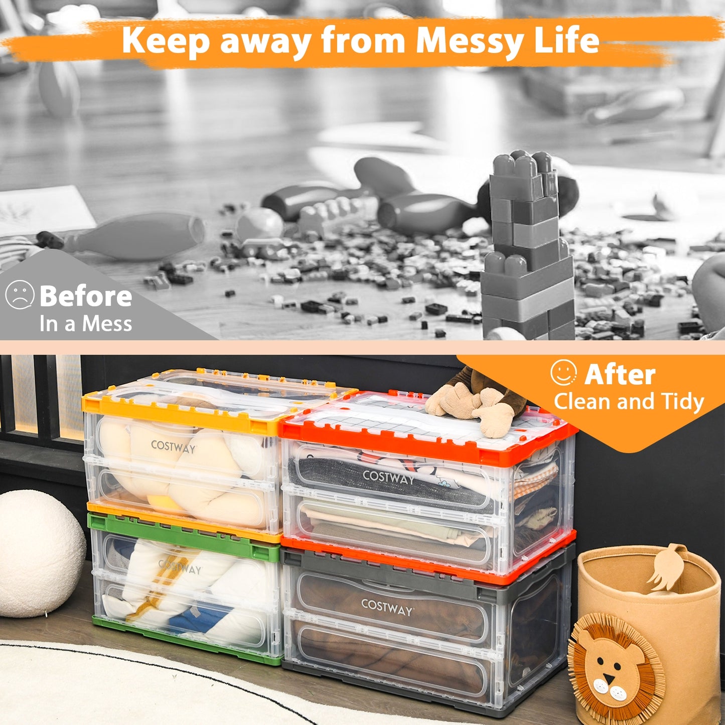 4 Pack Collapsible and Stackable Plastic Storage Bins with Attached Lid-M Clothing & Closet Storage at Gallery Canada