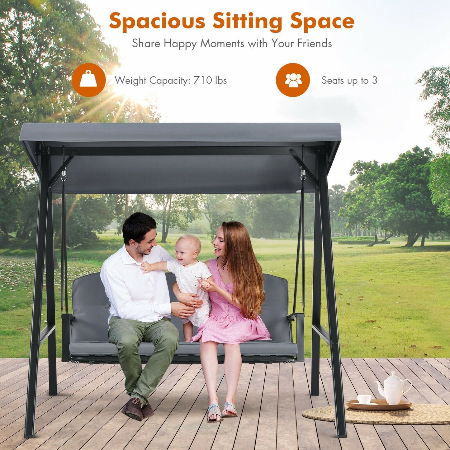 Outdoor 3-Seat Porch Swing with Adjust Canopy and Cushions, Gray - Gallery Canada