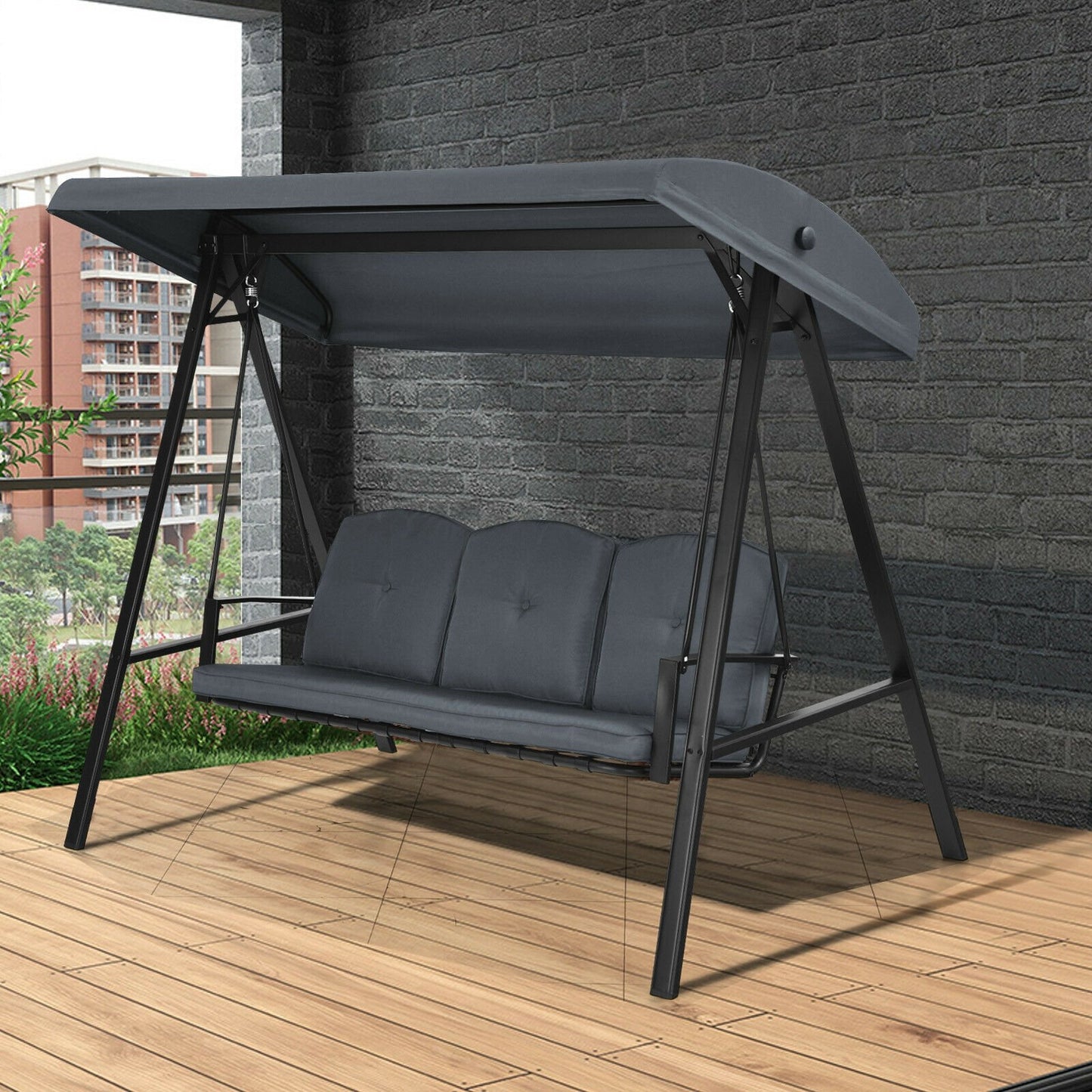 Outdoor 3-Seat Porch Swing with Adjust Canopy and Cushions, Gray - Gallery Canada